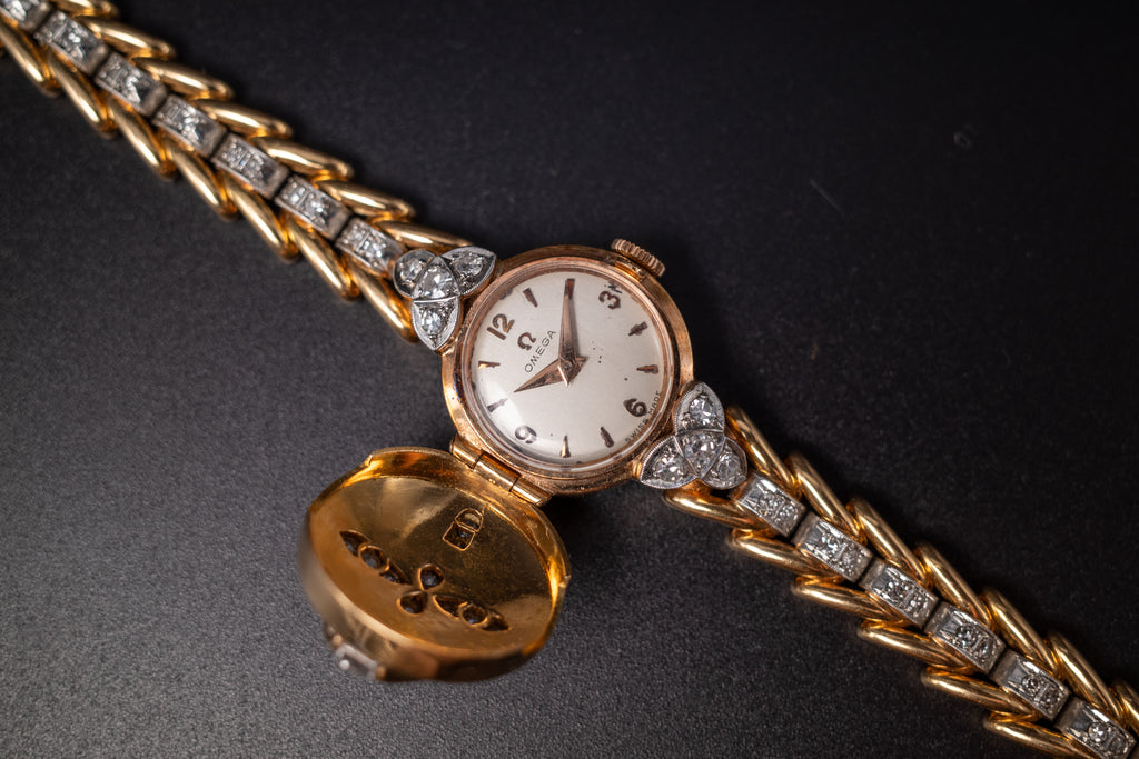 Vintage Omega Cocktail Bracelet Dress Watch 18K Rose Gold Diamond Set