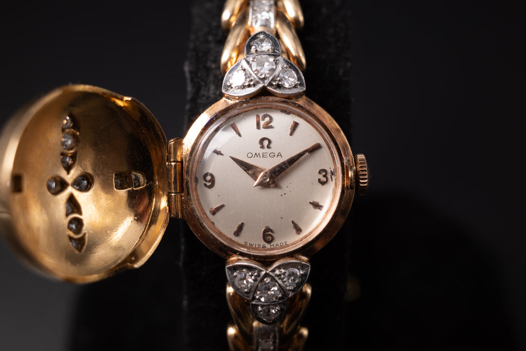 Vintage Omega Cocktail Bracelet Dress Watch 18K Rose Gold Diamond Set