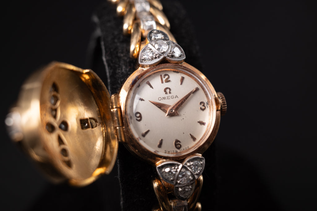 Vintage Omega Cocktail Bracelet Dress Watch 18K Rose Gold Diamond Set
