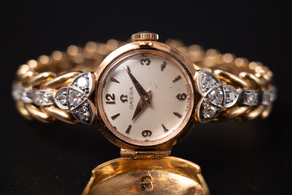 Vintage Omega Cocktail Bracelet Dress Watch 18K Rose Gold Diamond Set