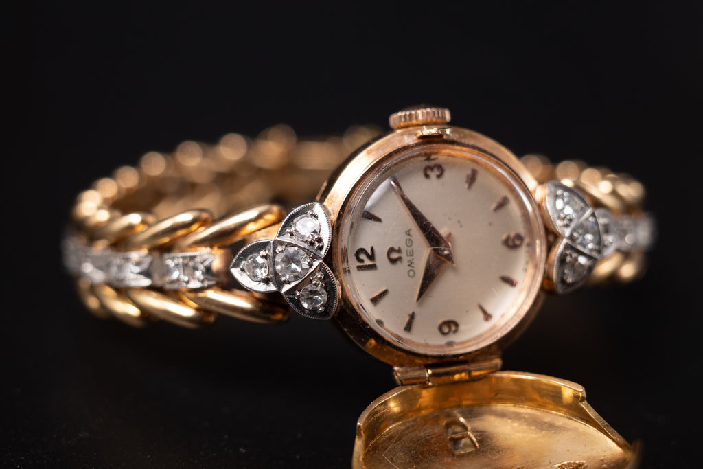 Vintage Omega Cocktail Bracelet Dress Watch 18K Rose Gold Diamond Set