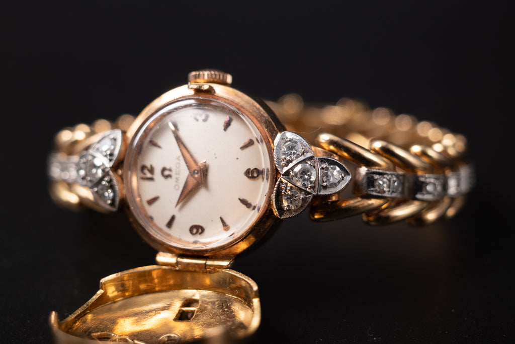 Vintage Omega Cocktail Bracelet Dress Watch 18K Rose Gold Diamond Set