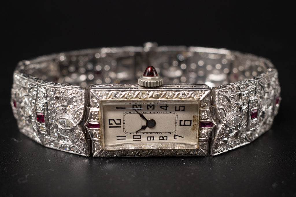 Vintage Ladies Cocktail Platinum Dress Watch W/ Diamonds & Rubies