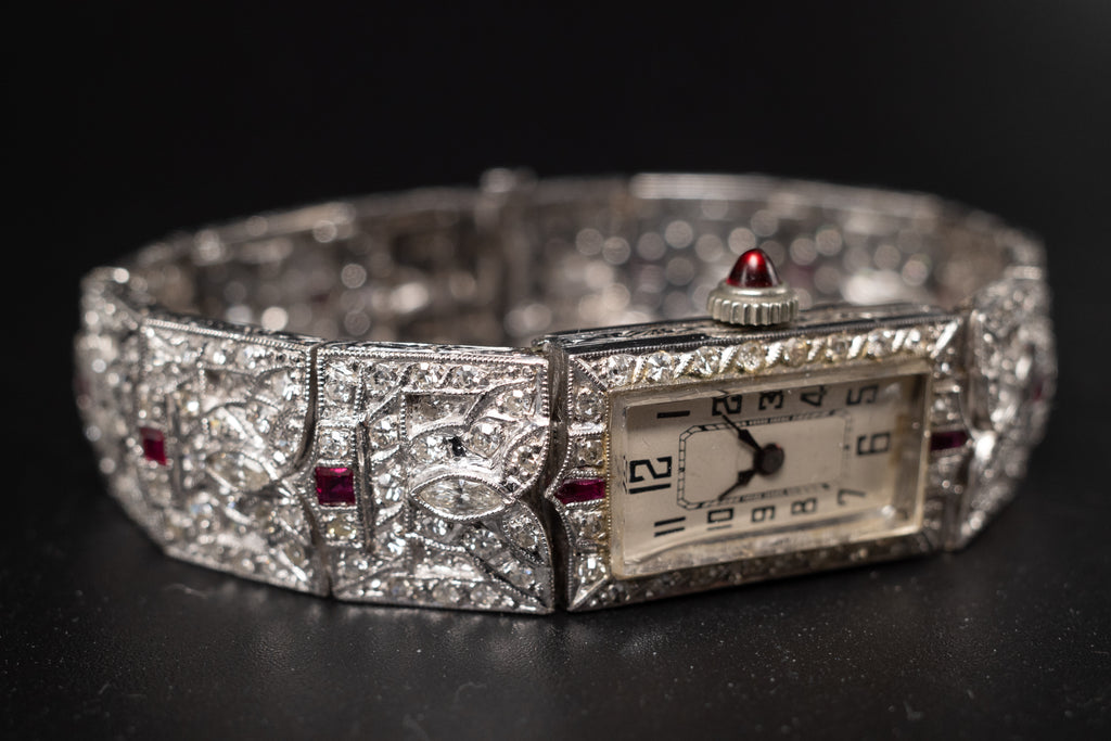 Vintage Ladies Cocktail Platinum Dress Watch W/ Diamonds & Rubies