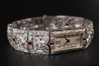 Vintage Ladies Cocktail Platinum Dress Watch W/ Diamonds & Rubies