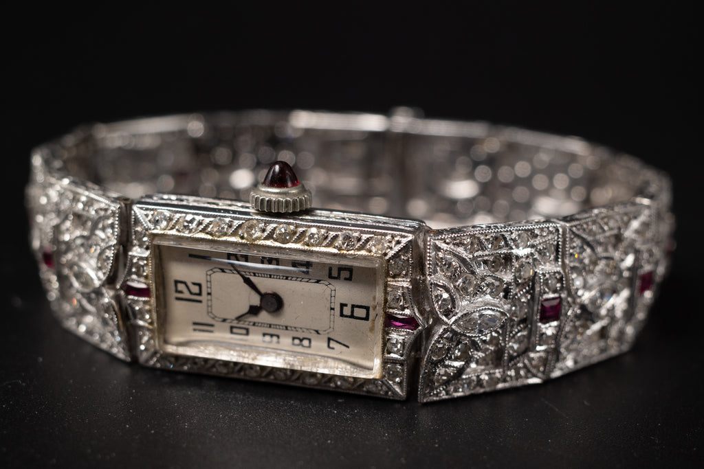 Vintage Ladies Cocktail Platinum Dress Watch W/ Diamonds & Rubies