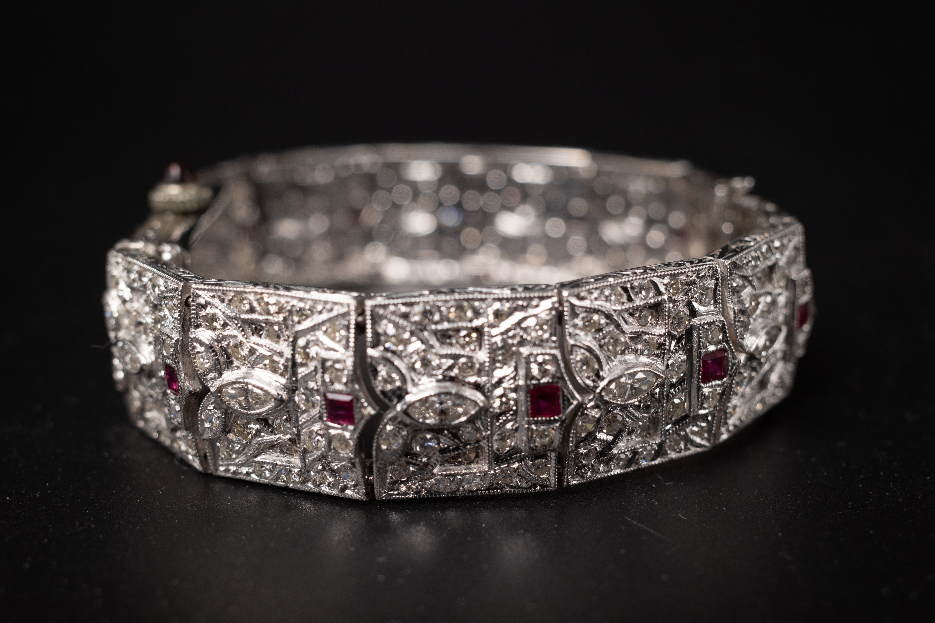 Vintage Ladies Cocktail Platinum Dress Watch W/ Diamonds & Rubies
