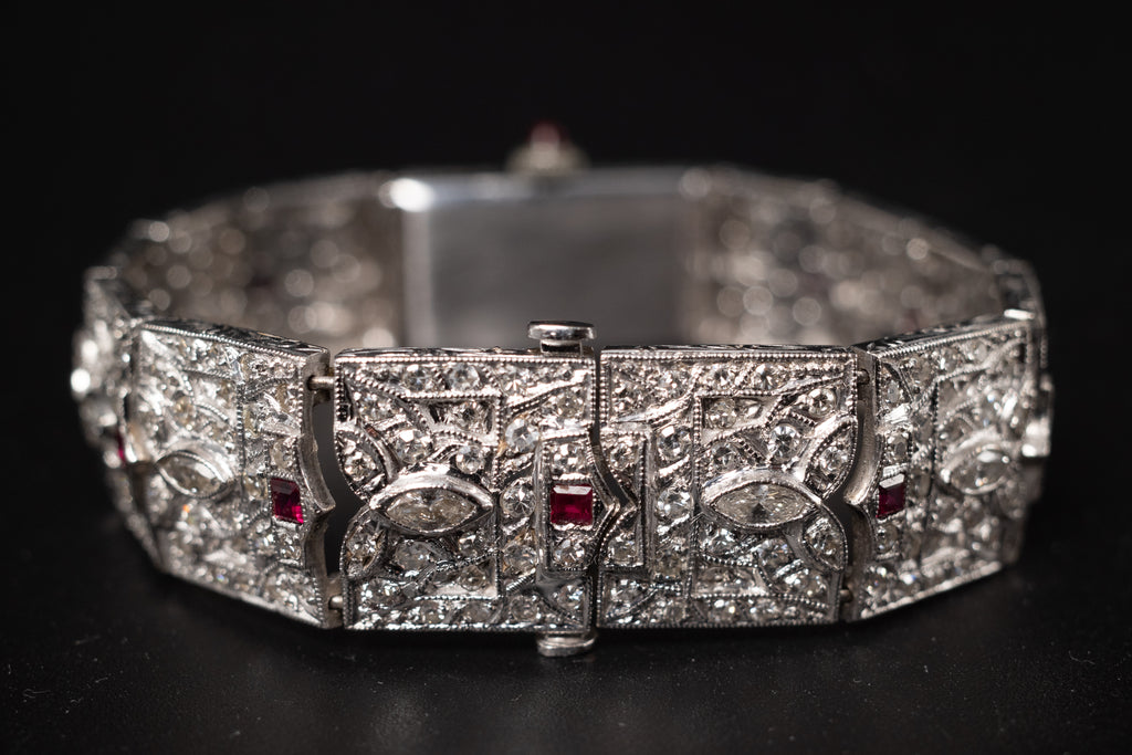 Vintage Ladies Cocktail Platinum Dress Watch W/ Diamonds & Rubies