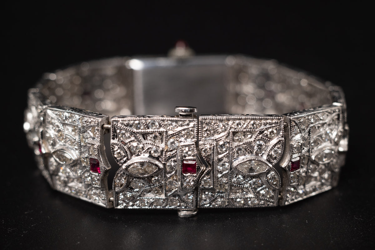 Vintage Ladies Cocktail Platinum Dress Watch W/ Diamonds & Rubies