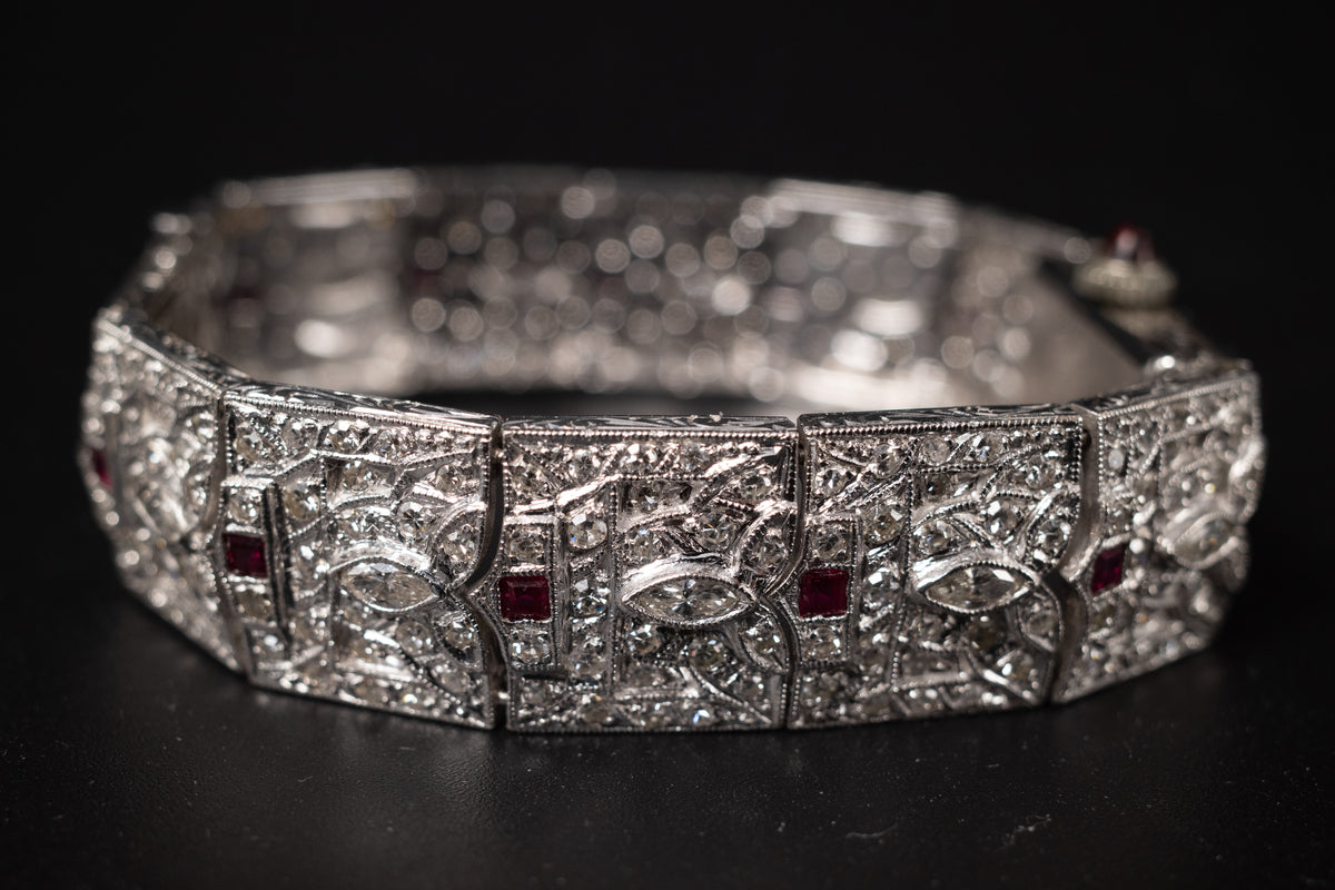 Vintage Ladies Cocktail Platinum Dress Watch W/ Diamonds & Rubies