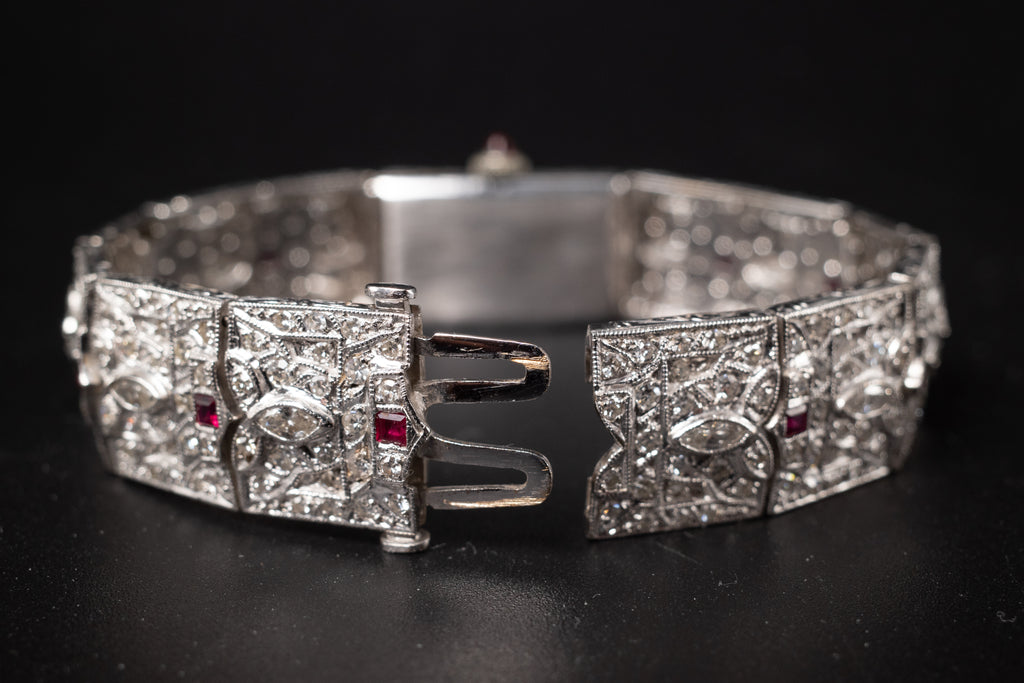 Vintage Ladies Cocktail Platinum Dress Watch W/ Diamonds & Rubies