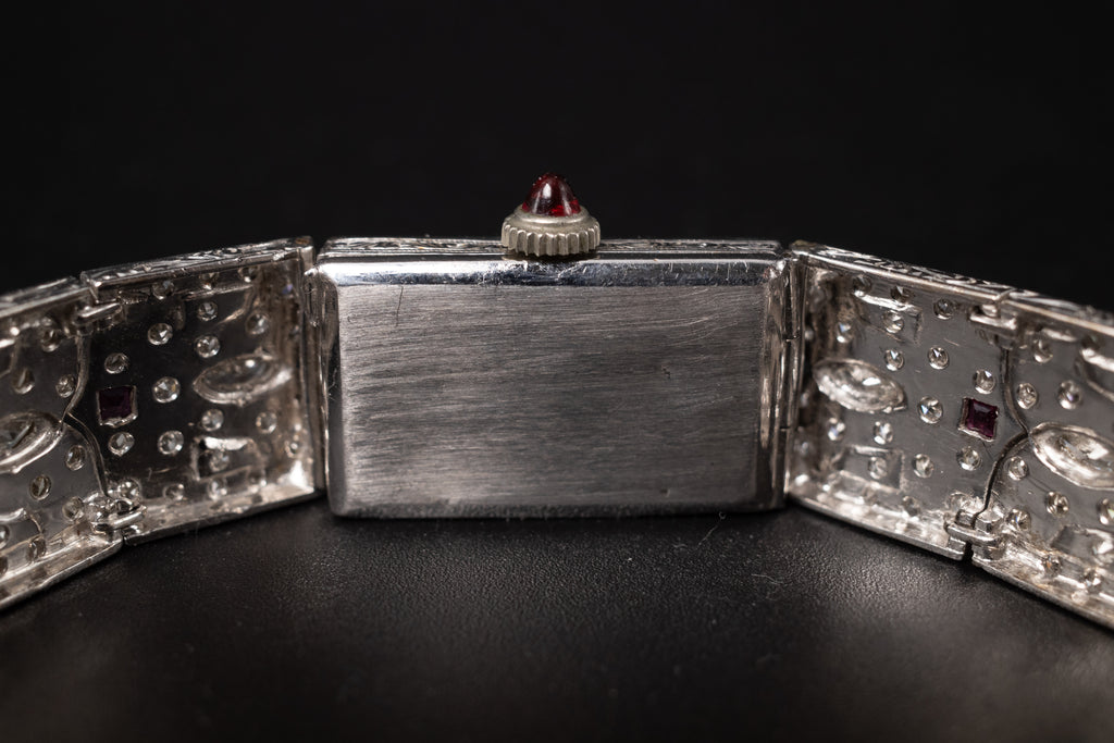 Vintage Ladies Cocktail Platinum Dress Watch W/ Diamonds & Rubies