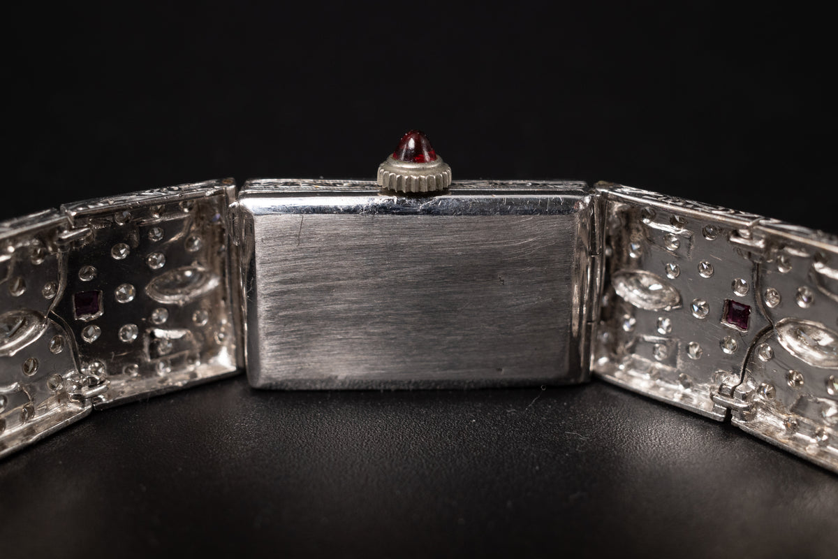 Vintage Ladies Cocktail Platinum Dress Watch W/ Diamonds & Rubies