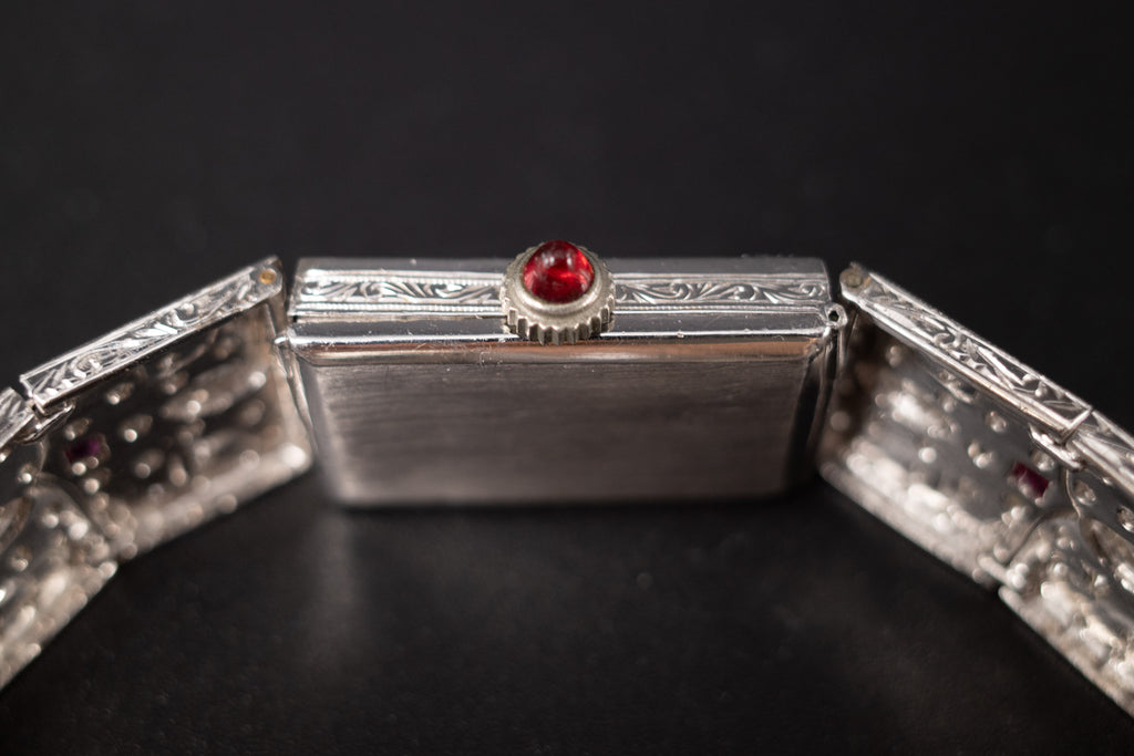 Vintage Ladies Cocktail Platinum Dress Watch W/ Diamonds & Rubies