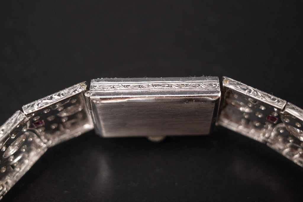 Vintage Ladies Cocktail Platinum Dress Watch W/ Diamonds & Rubies