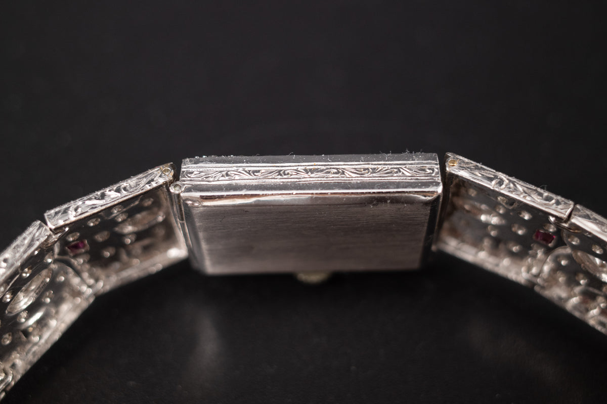 Vintage Ladies Cocktail Platinum Dress Watch W/ Diamonds & Rubies