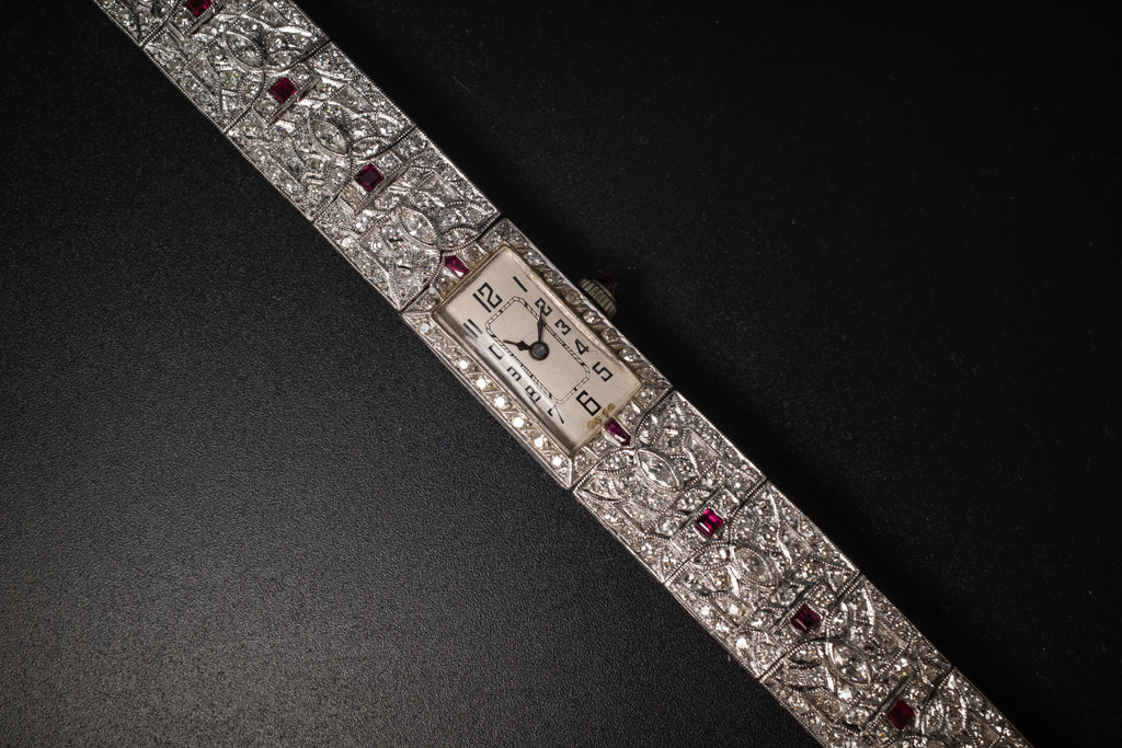 Vintage Ladies Cocktail Platinum Dress Watch W/ Diamonds & Rubies