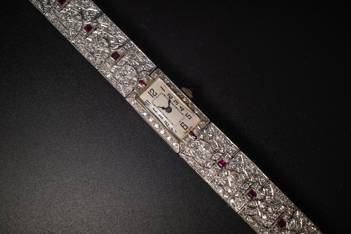 Vintage Ladies Cocktail Platinum Dress Watch W/ Diamonds & Rubies