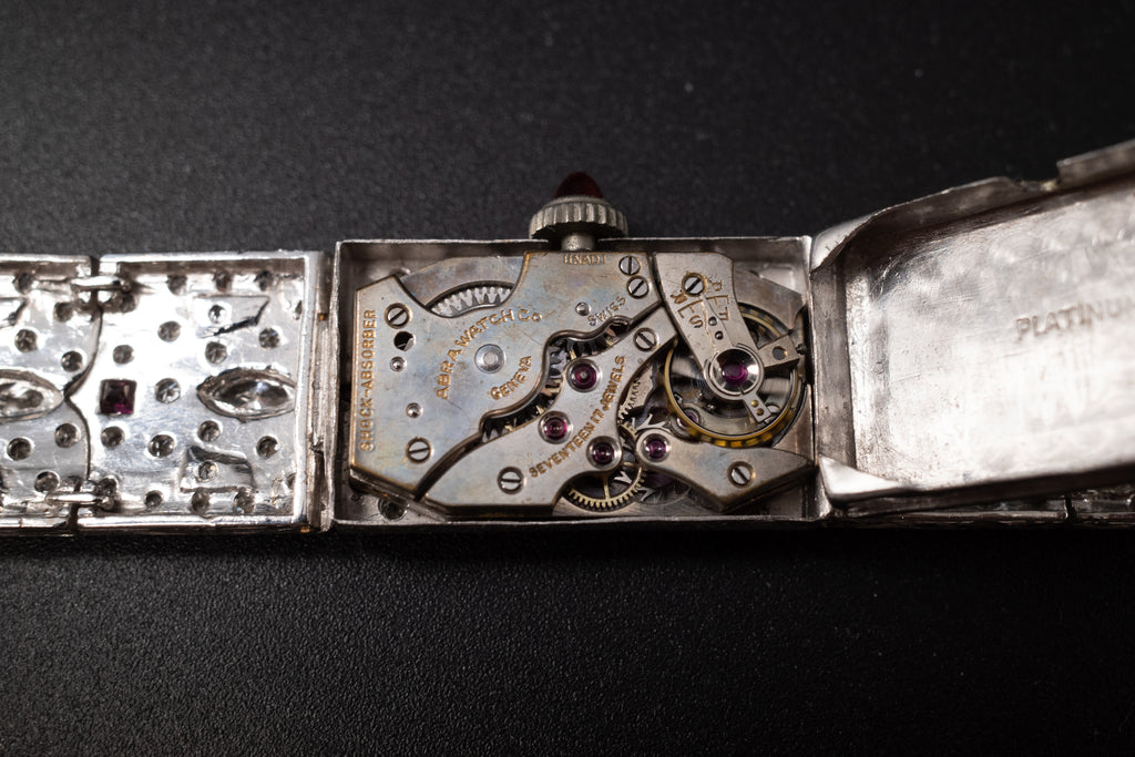 Vintage Ladies Cocktail Platinum Dress Watch W/ Diamonds & Rubies
