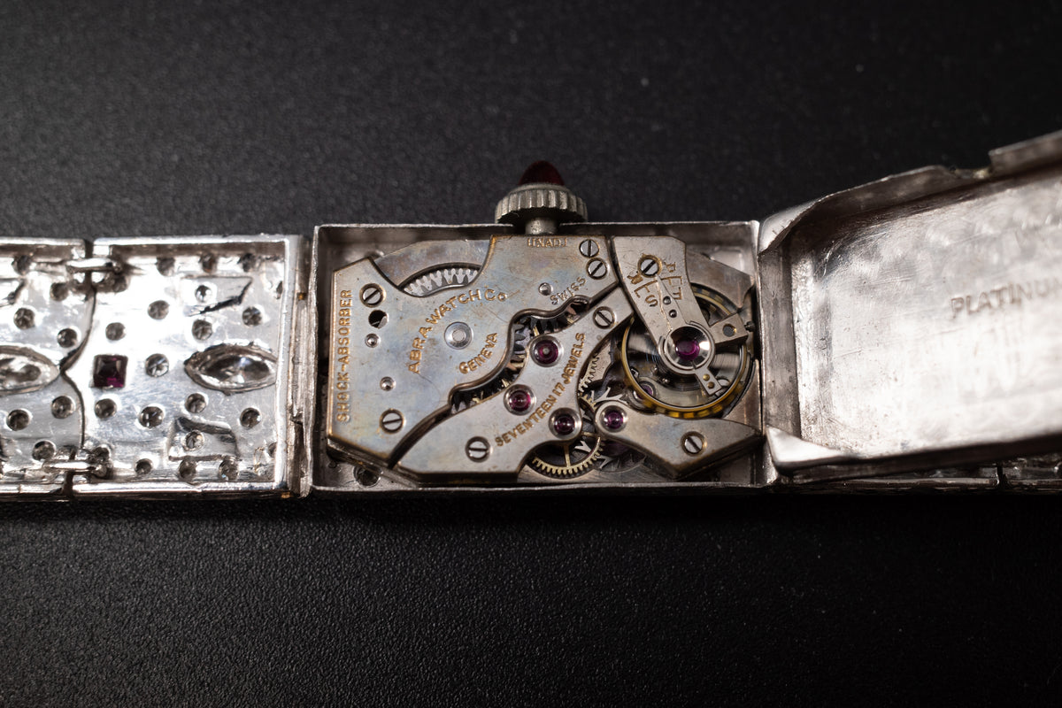 Vintage Ladies Cocktail Platinum Dress Watch W/ Diamonds & Rubies