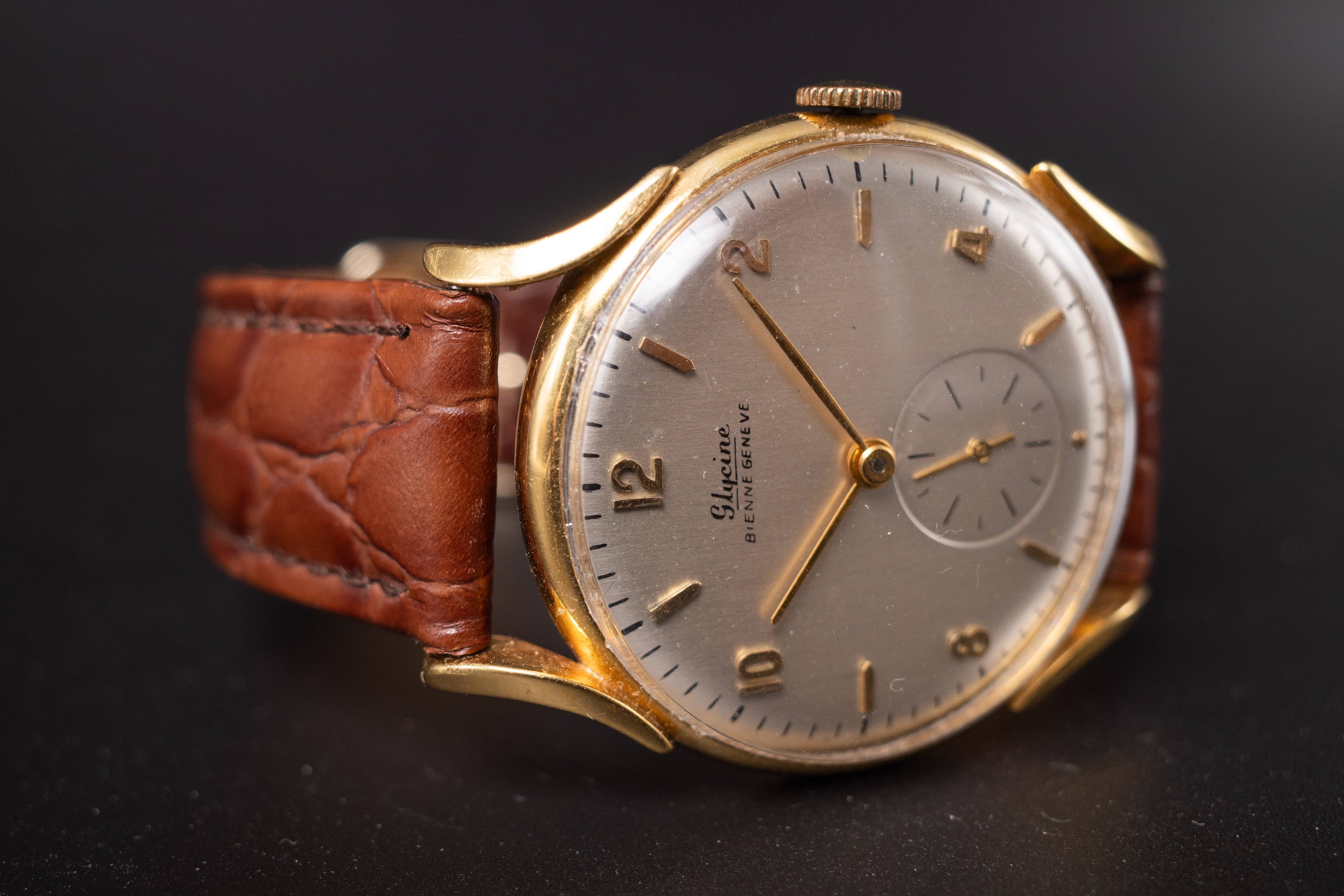 Vintage 18KYG Glycine Bienne Geneve Mens Wrist Watch