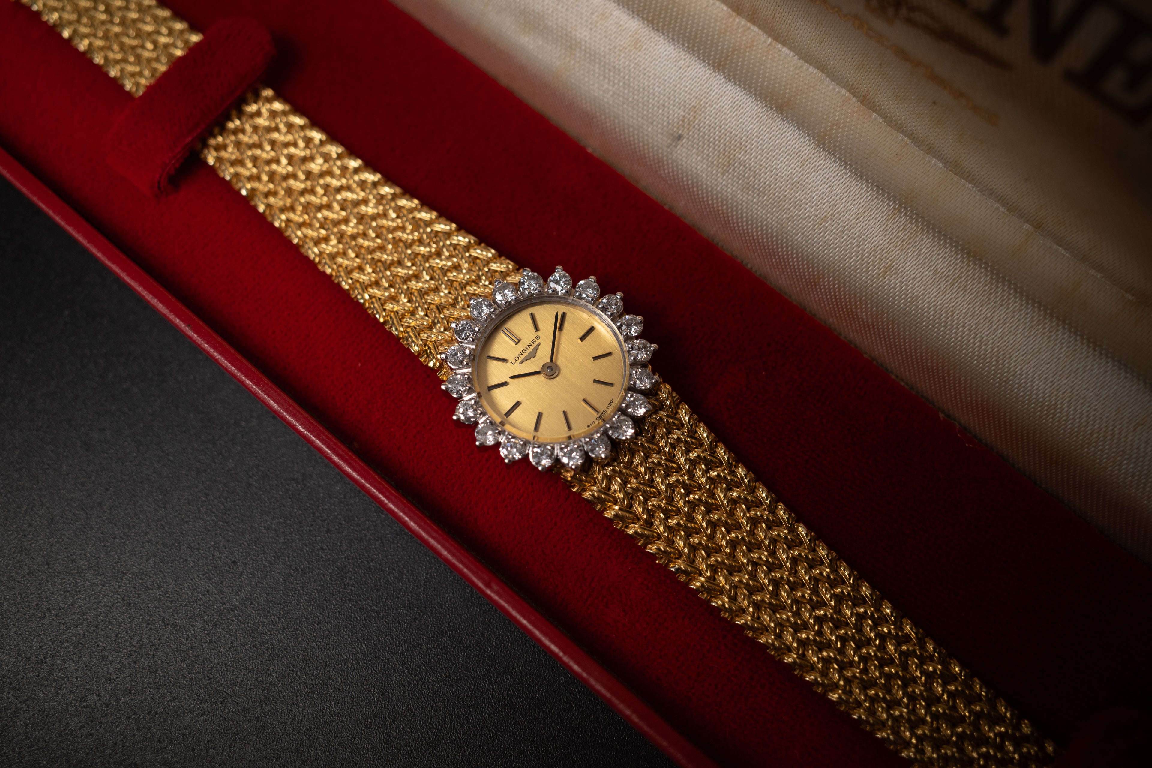 Longines 18KYG Ladies Cocktail Dress Watch W/Diamond Bezel Ref. 1130-817