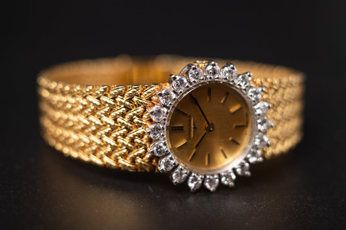 Longines 18KYG Ladies Cocktail Dress Watch W/Diamond Bezel Ref. 1130-817